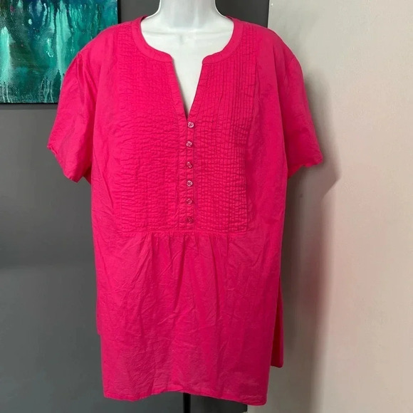 Woman Within Women's 2X (26/28) Pin Tuck Hot Pink Top Cotton Colorful Altered - Picture 5 of 12